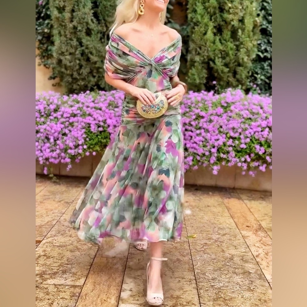 Green and Pink Off-Shoulder Maxi Sundress